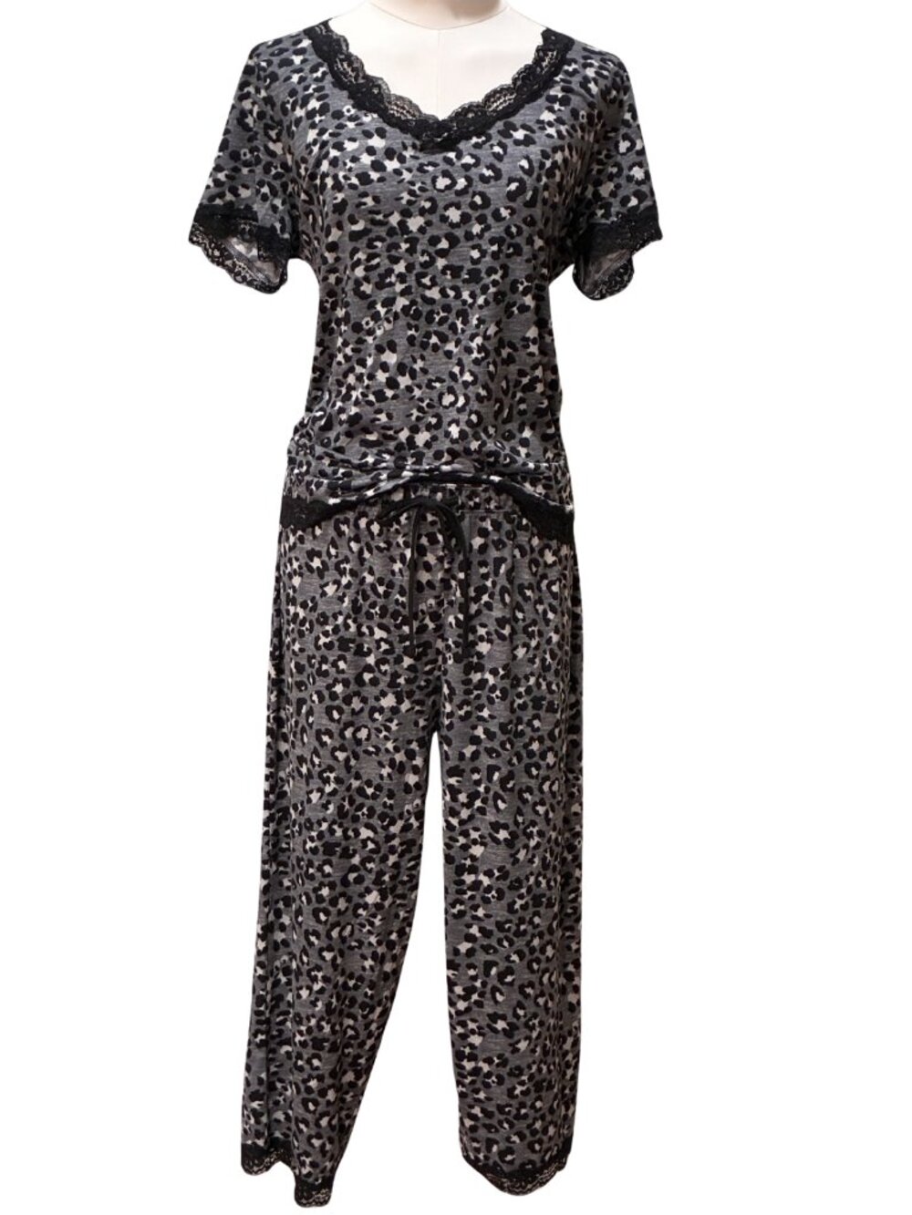 Rene Rofe Leopard Print Lace Trim Pajama Lounge Set Y2K Coquette Animal Print M